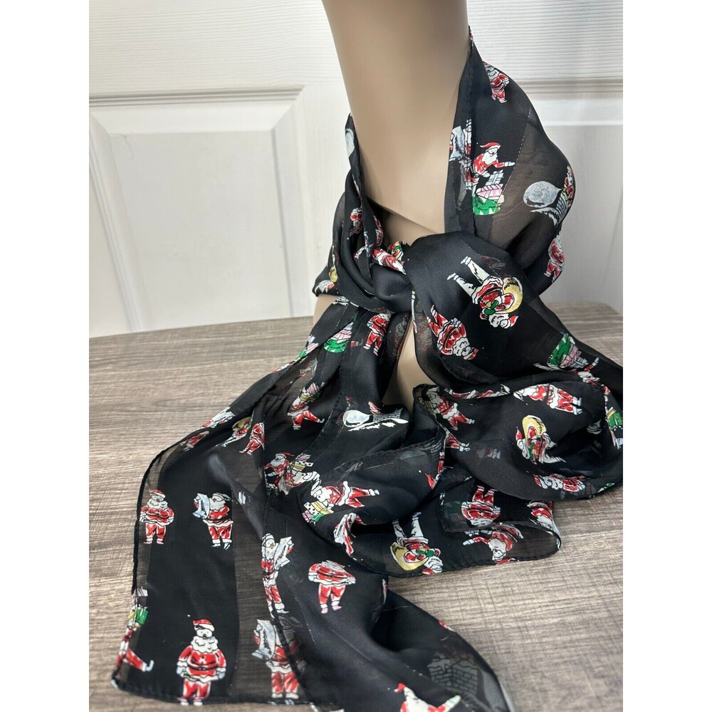 Cejon Long Scarf Santa Motif 100% Polyester 63"X10" Black w/Assorted Santa's